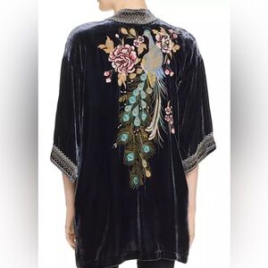 Stunning extra rare Johnny Was sz 1x blue silk Velvet Kimono peacock embroidery